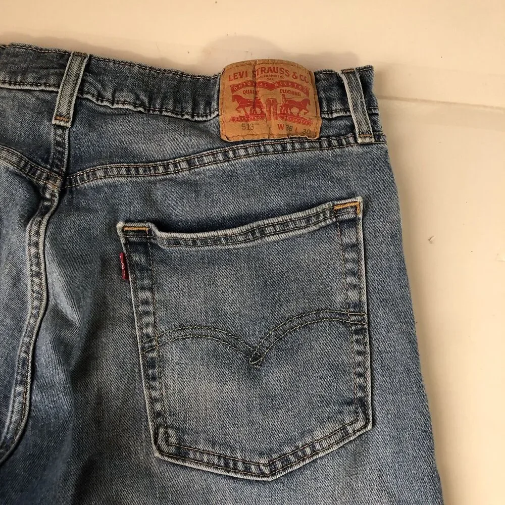 Levi’s 513 Slim Straight Jeans Mens 36x29 Medium Wash Blue Worn To Ride Stretch